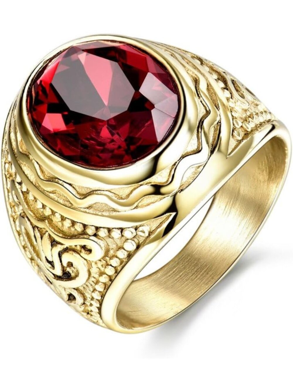Luxury Engraved Stainless Steel Men's Ring with Red Synthetic Ruby - Gold